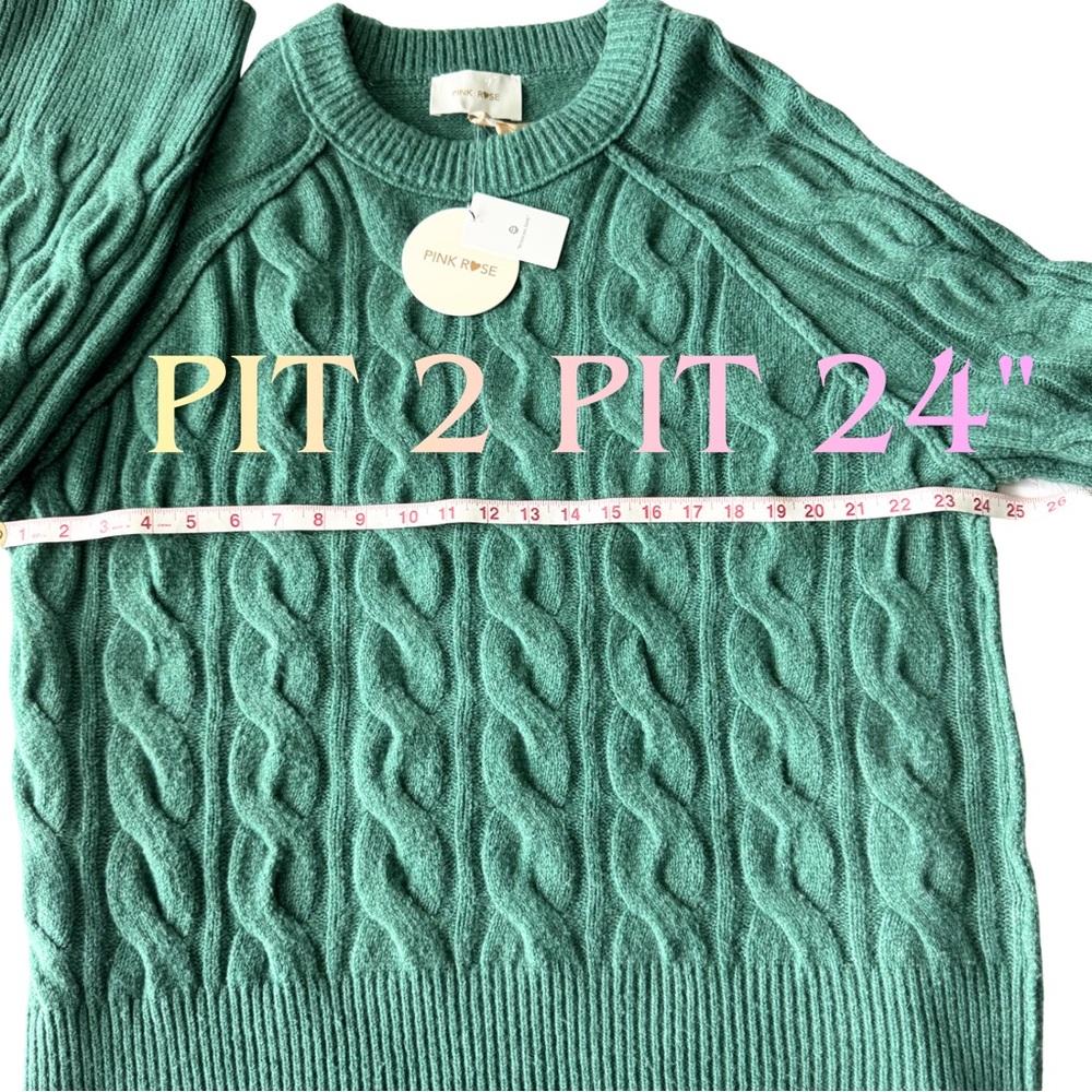 Pink‎ Rose Spruce Green Cable Knit Crewneck Sweater Size Large NWT - Picture 3 of 9